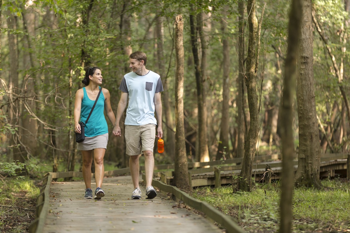 A couple enjoys a walk at Congaree National Park - boardwalk, congaree, explore, family, hike, national park, nps, park, swamp, tourism, travel